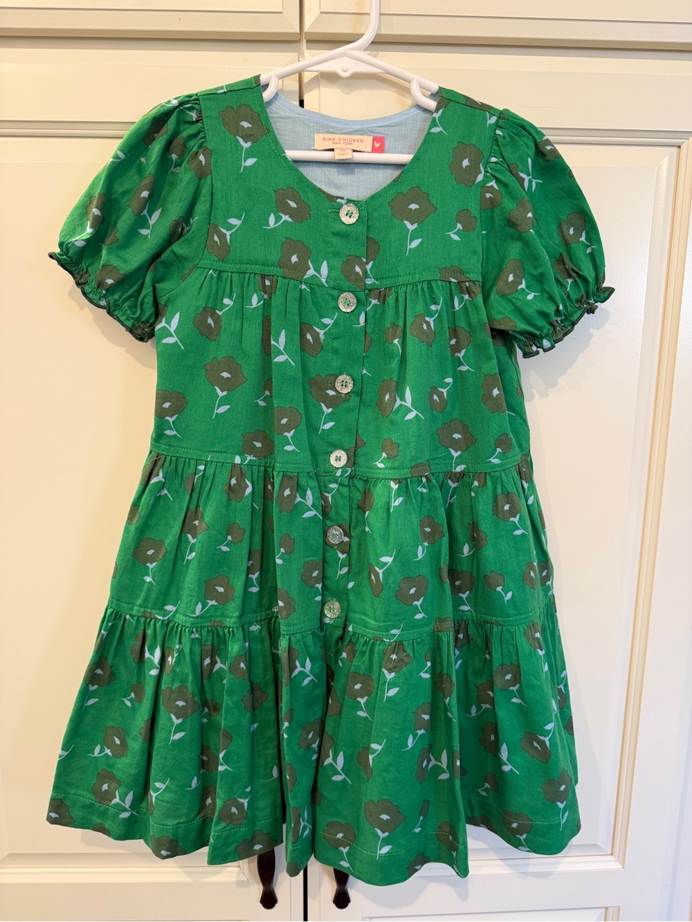 Pink Chicken Elizabeth Dress is Green Flower Toss Pattern